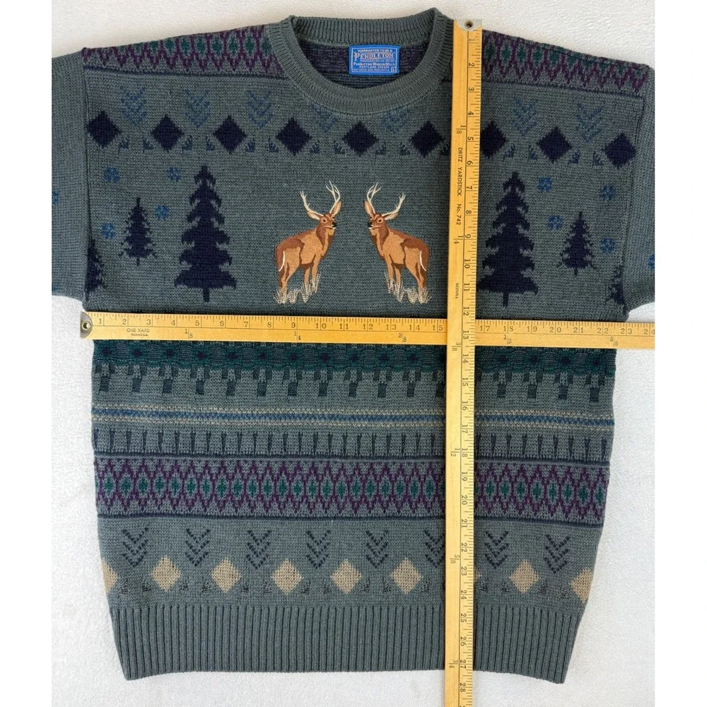 Pendleton Sweater Mens L Grey Fair Isle Virgin Wool Embroidered Buck Deer USA